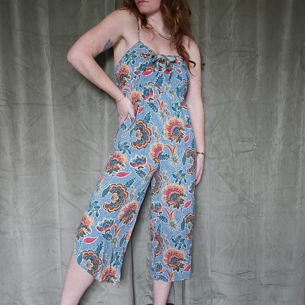Boho Hippie Cottagecore Western Coastal Blue, Pink Paisley Print Pants Romper